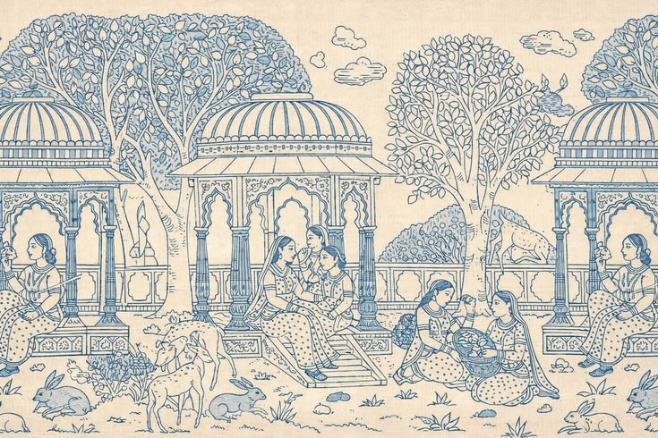 Garden pavilions in the Vedic tradition, drawn in classical miniature style